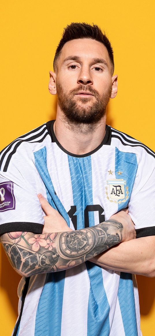 lionel messi, football player, pose, yellow background