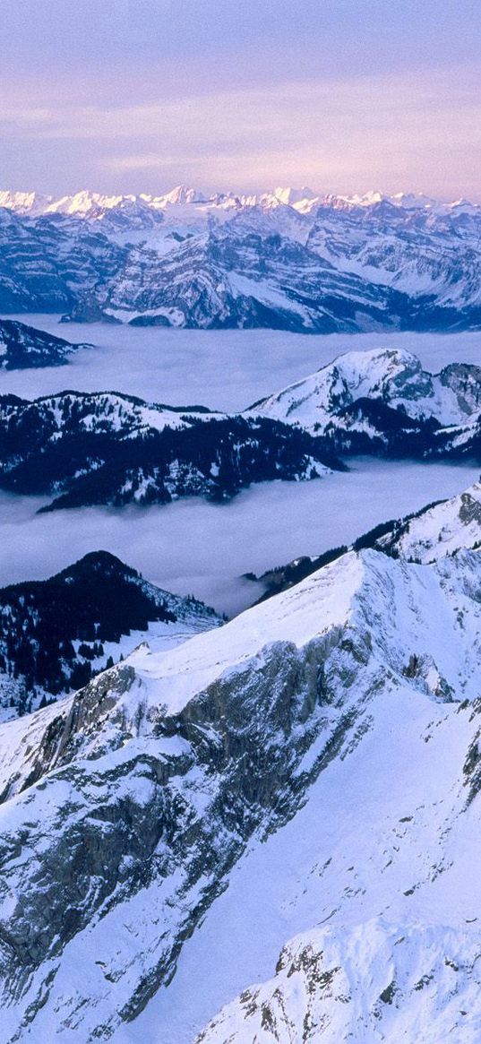 switzerland, mountains, snow, tops, fog