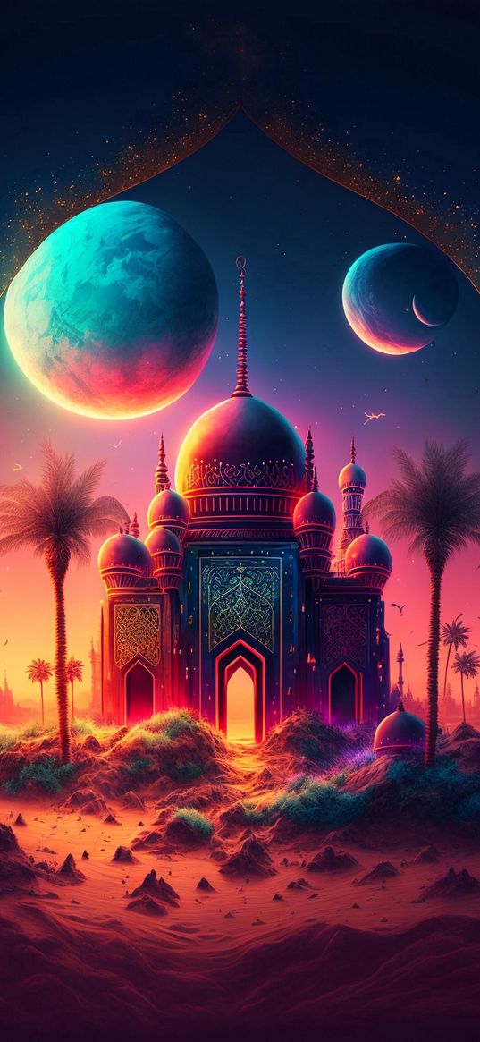 palace, palm trees, planets, sunset, east, ai, art