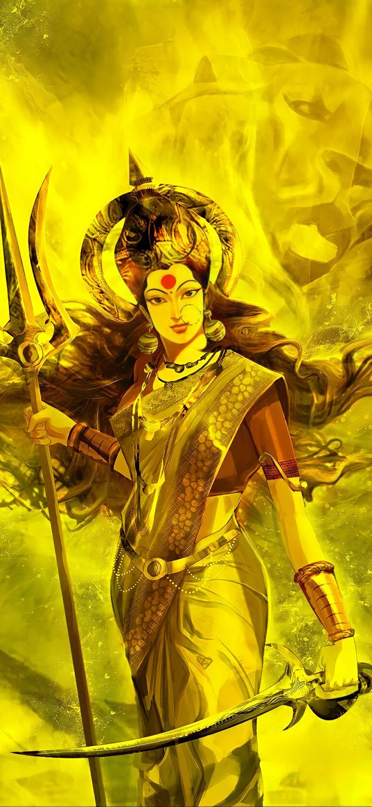 durga, goddess, trident, sword, hinduism, religion, india, yellow, art