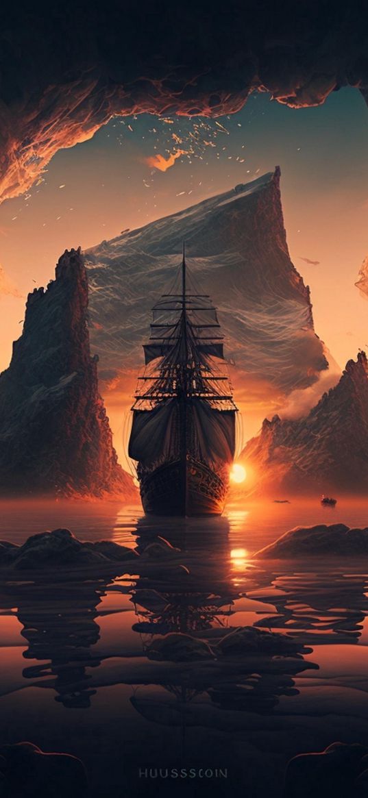 ship, sea, rocks, cave, sunset, ai, art