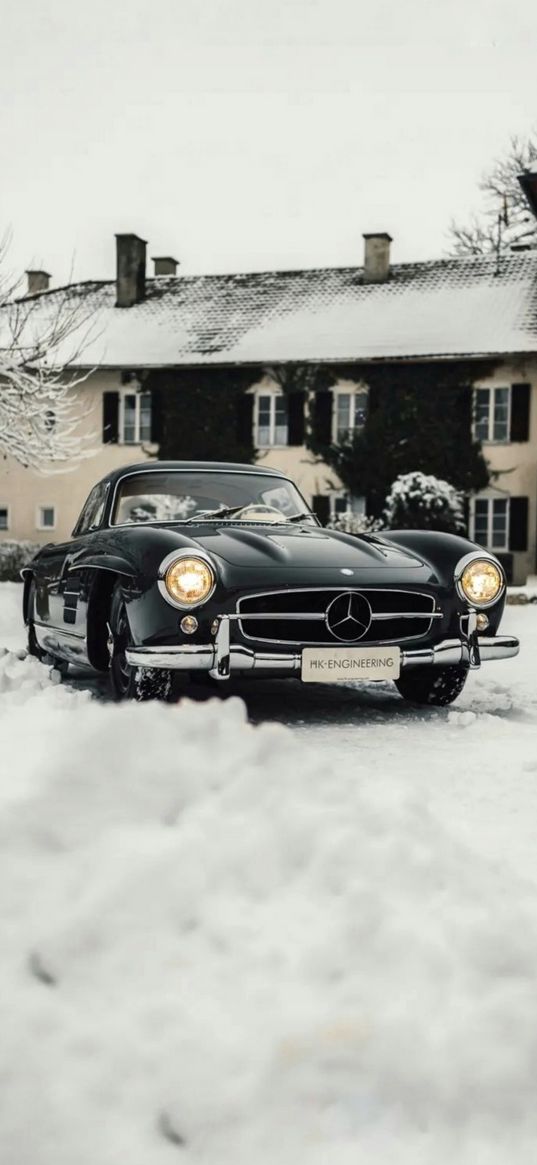 mercedes benz, old cars, rustic, amg, snow, winter