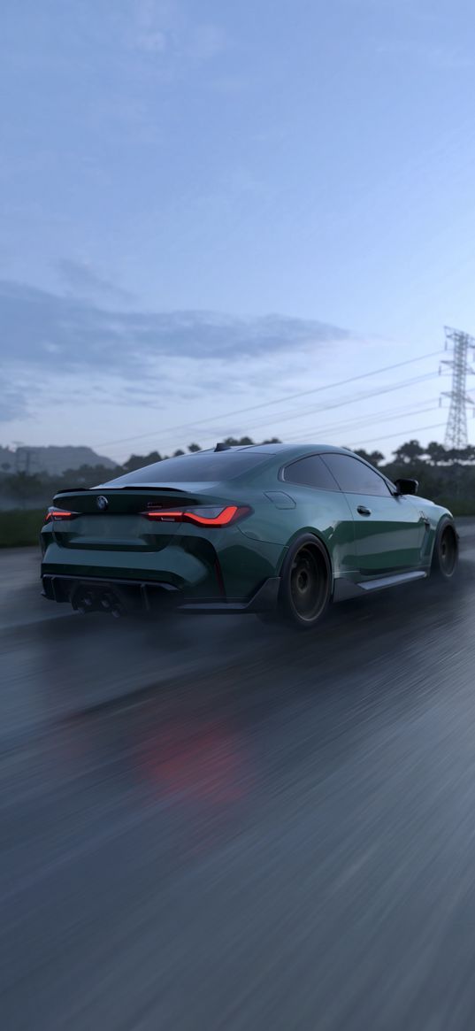 bmw, m4, driving, rain, country roads, green, scenery, cars, sky