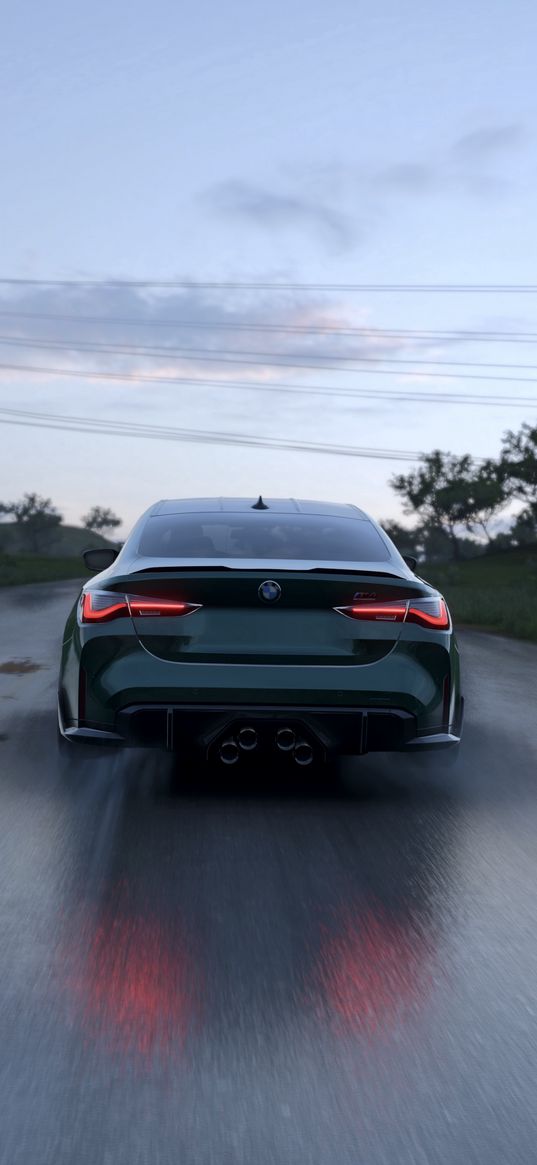 bmw, m4, driving, rain, country roads, green, scenery, cars, sky, landscape