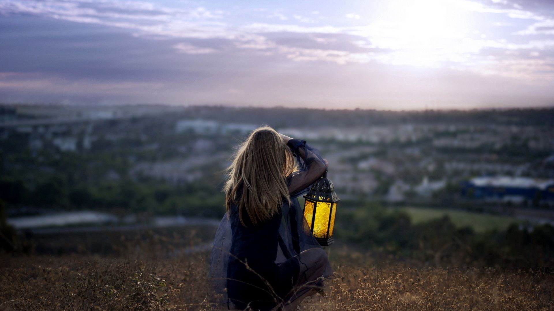 girl, light, grass, sitting, sad, upland