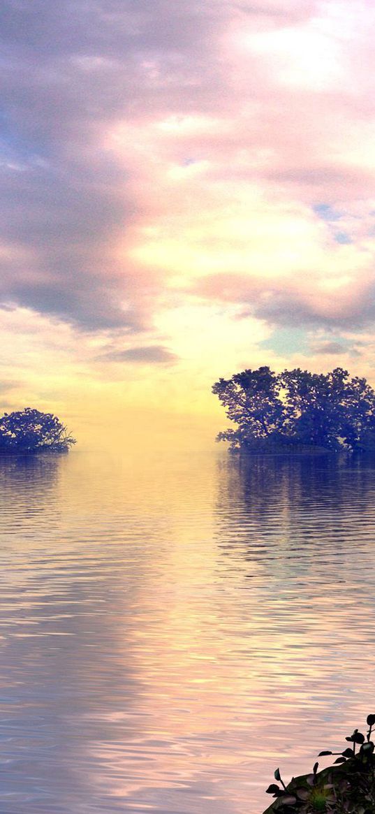 lake, trees, sky, clouds, bird, flight