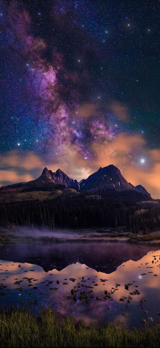 lake, reflection, hills, clouds, milky way