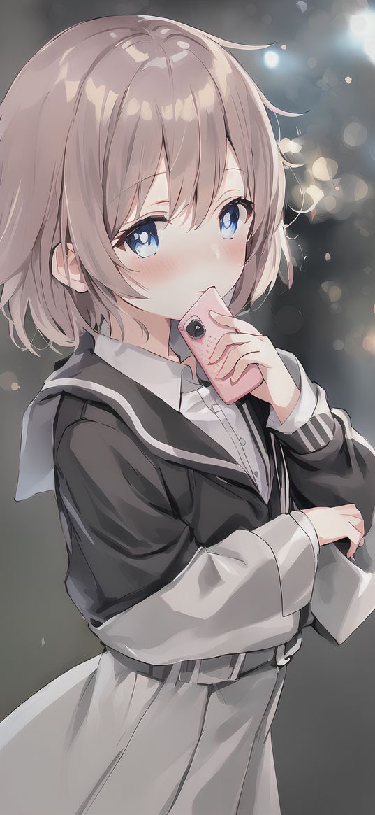 girl, blush, phone, anime