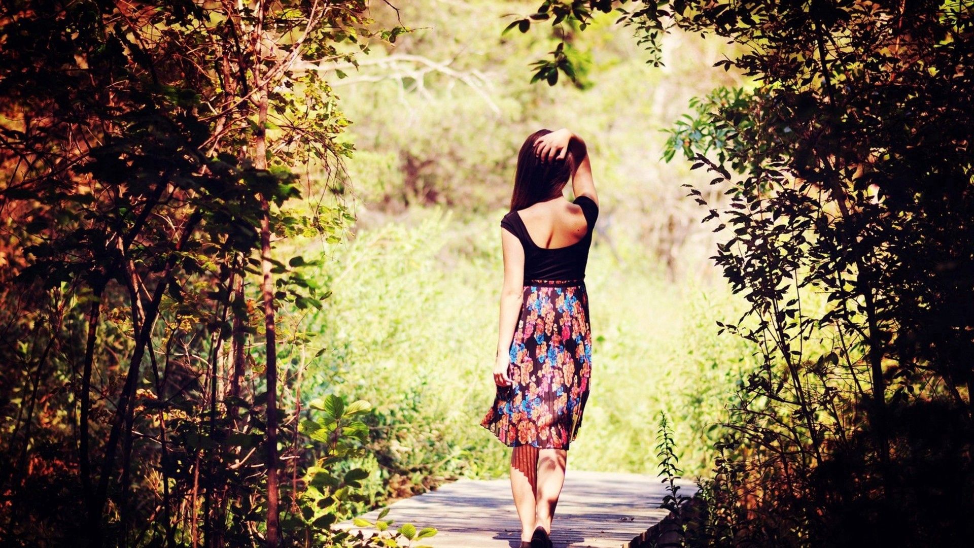 footpath, girl, walk, grass, trees