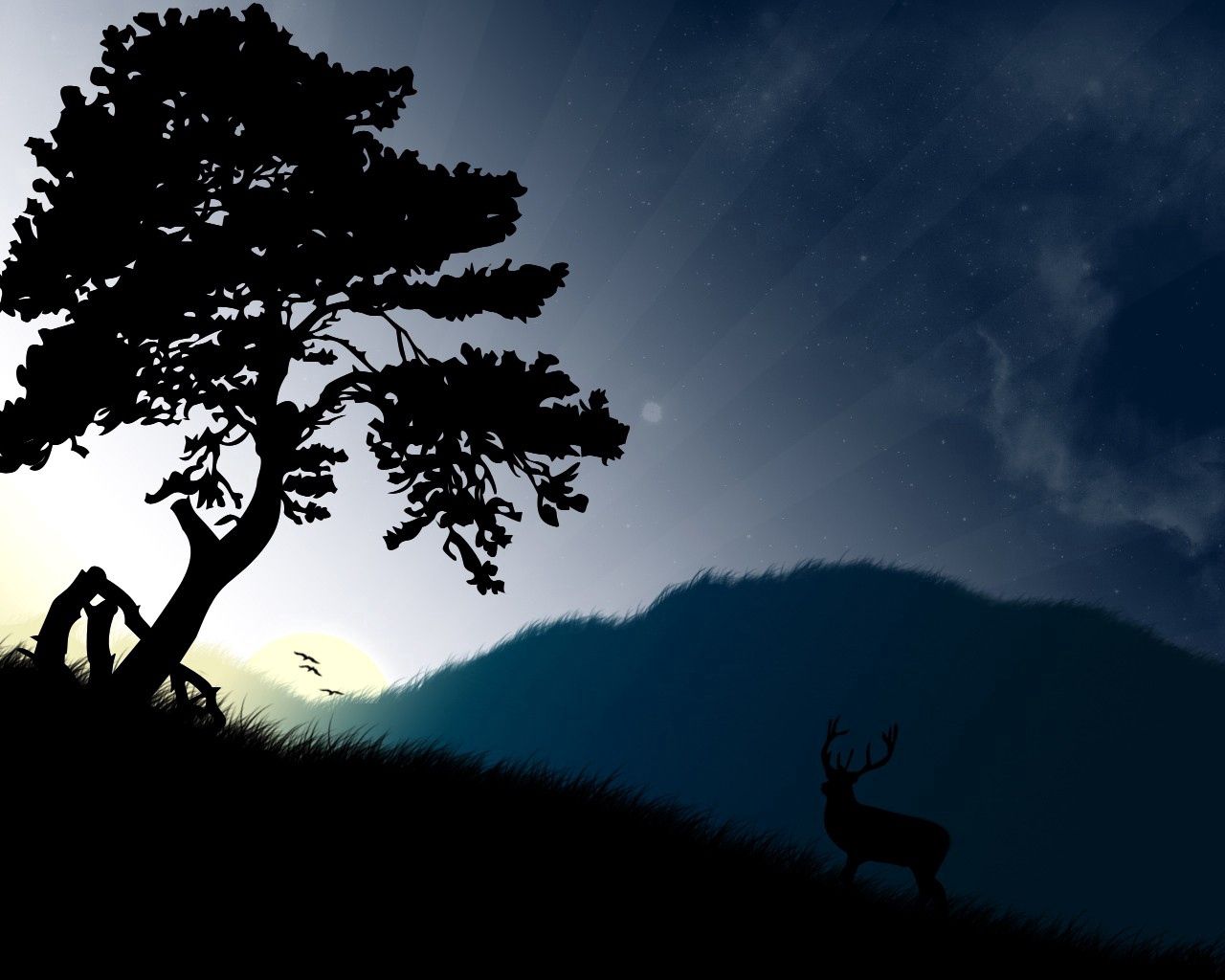 tree, sun, beams, grass, deer