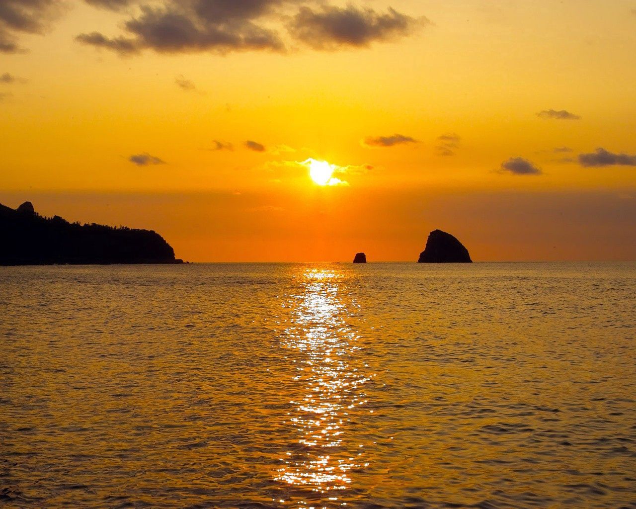 sun, clouds, evening, sea, reflection, rocks