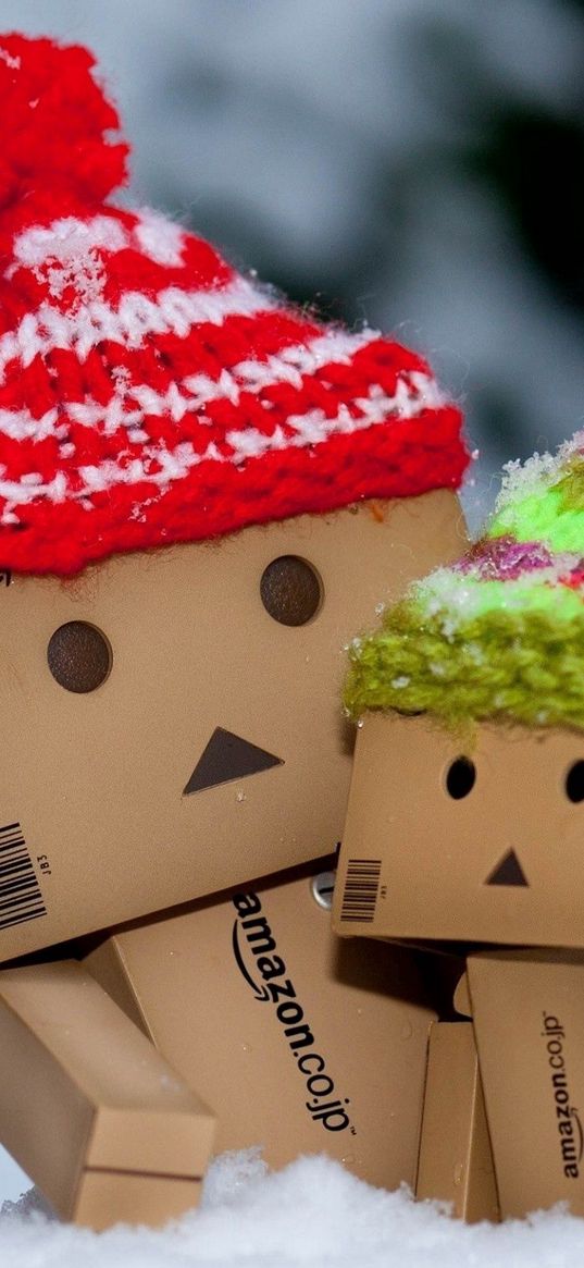 danboard, cardboard robots, hats, snow