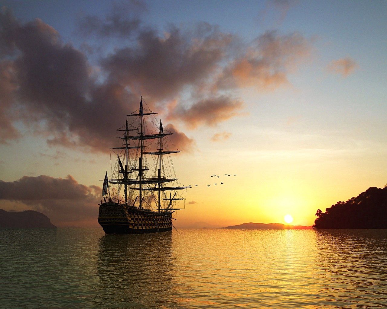 sun, rising, morning, ship, sea, birds