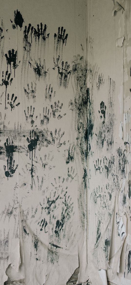 walls, prints, hands, brushes, paint, black, white