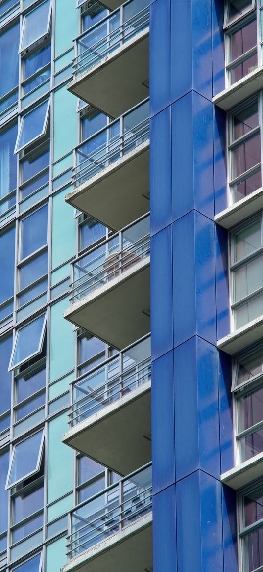 balconies, facade, windows, glass, blue