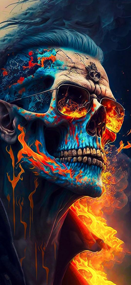 skull, man, fire, glasses, smoke, blue, orange