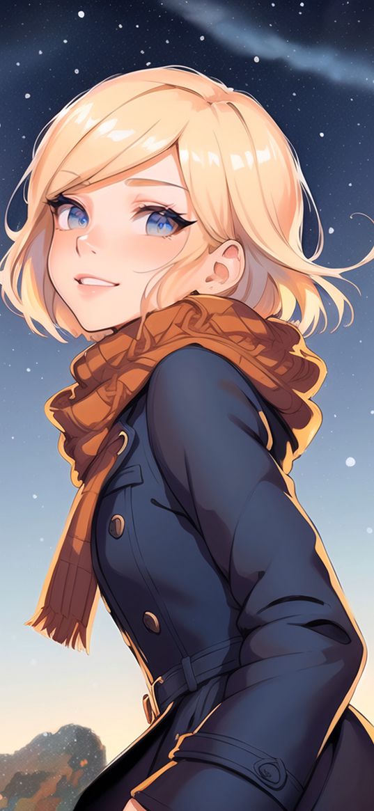 girl, smile, scarf, coat, snow, anime