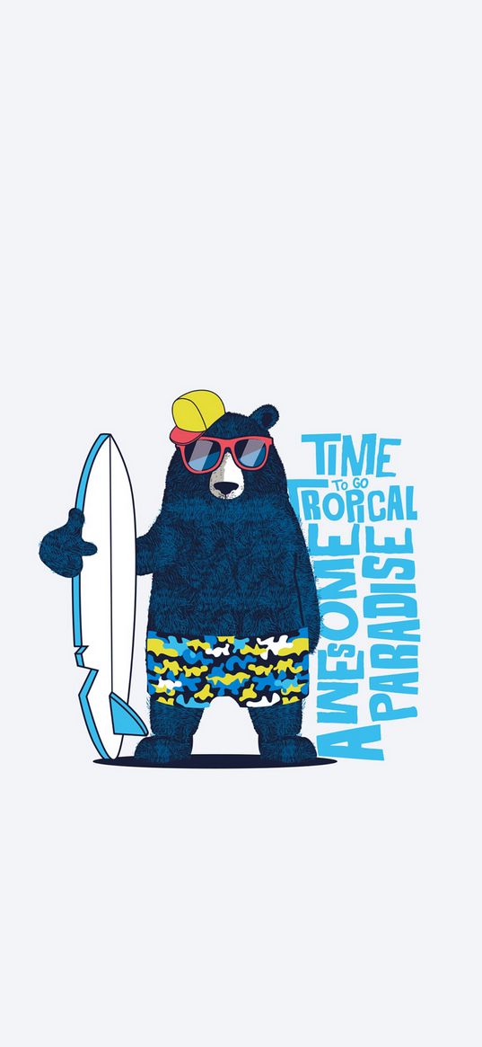 bear, surfing, inscription, cap, glasses, blue, art