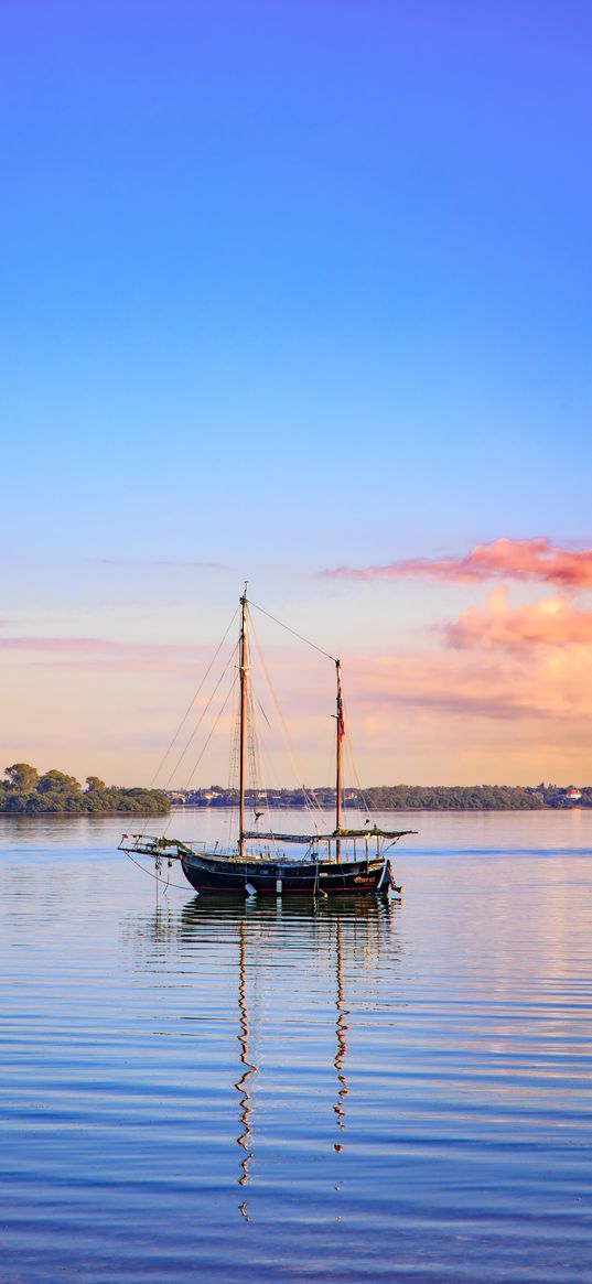 boat, masts, lake, trees