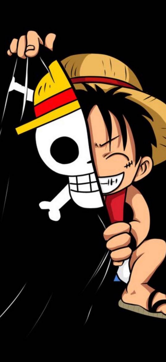 one piece, anime, luffy, character, skull, flag, black