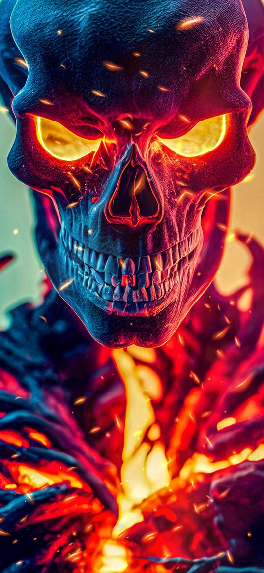 skeleton, skull, fire, sparks, blue, red