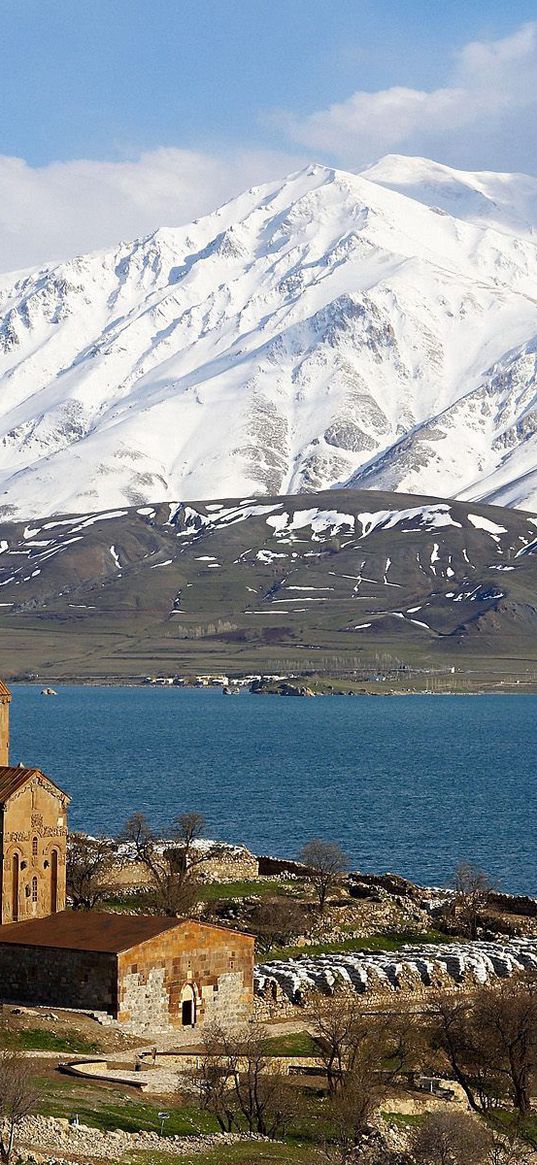 island, lake, mountains, water, structure, coast