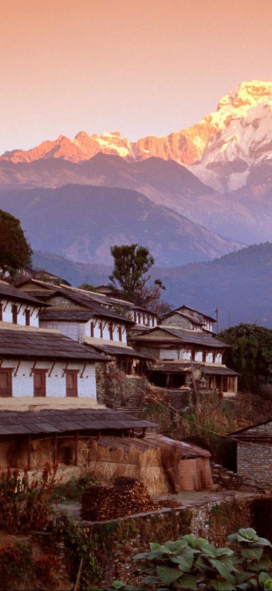 asia, structures, houses, mountains, fog