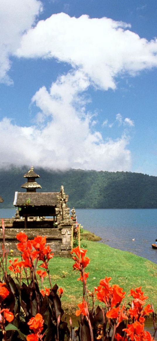 asia, island, structure, flowers, mountains, boat, people