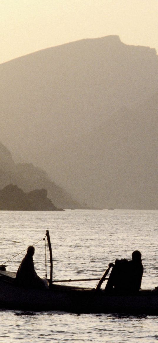 asia, mountains, fog, water, lake, boat, people