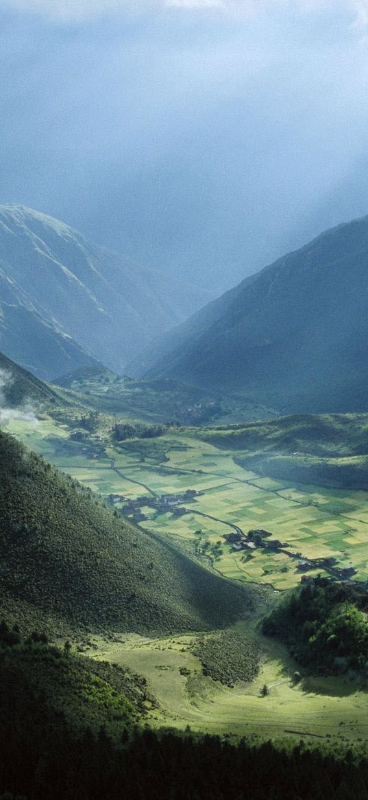 asia, mountains, clouds, height, fields, greens, slopes, meadows