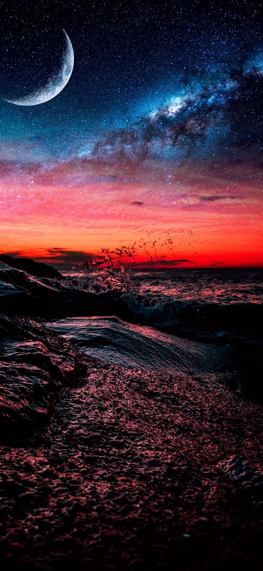 waves, sea, horizon, sunset, sky, milky way, stars, moon, night, nature