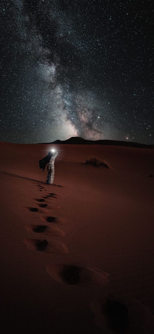 girl, lantern, footprints, sand, dunes, desert, milky way, starry sky, stars, night, nature