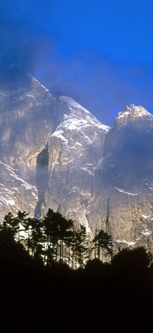 asia, mountains, outlines, fog, rocks, trees