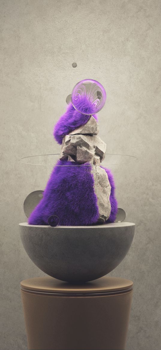 vase, hemisphere, stones, moss, bubble, figures, 3d, purple, digital art