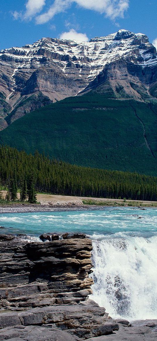 falls, rocks, mountains, trees, current, wood, canada