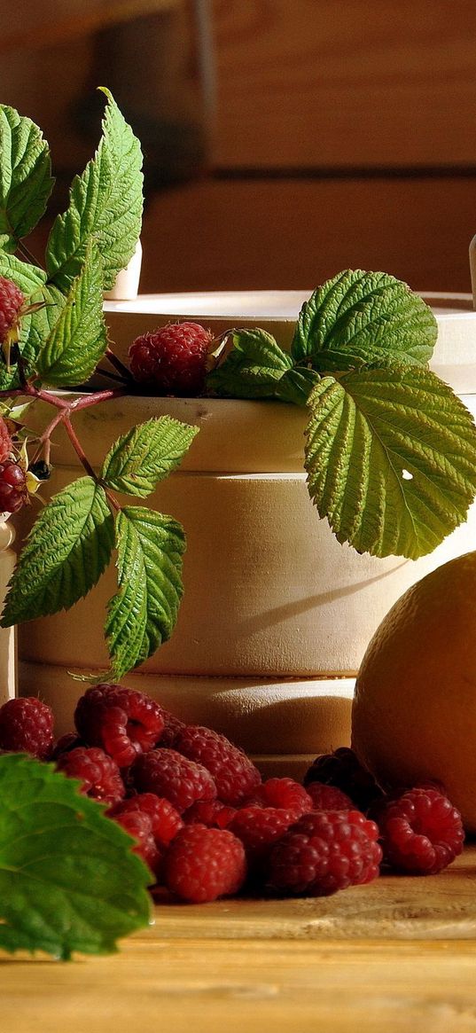 raspberries, dishes, table