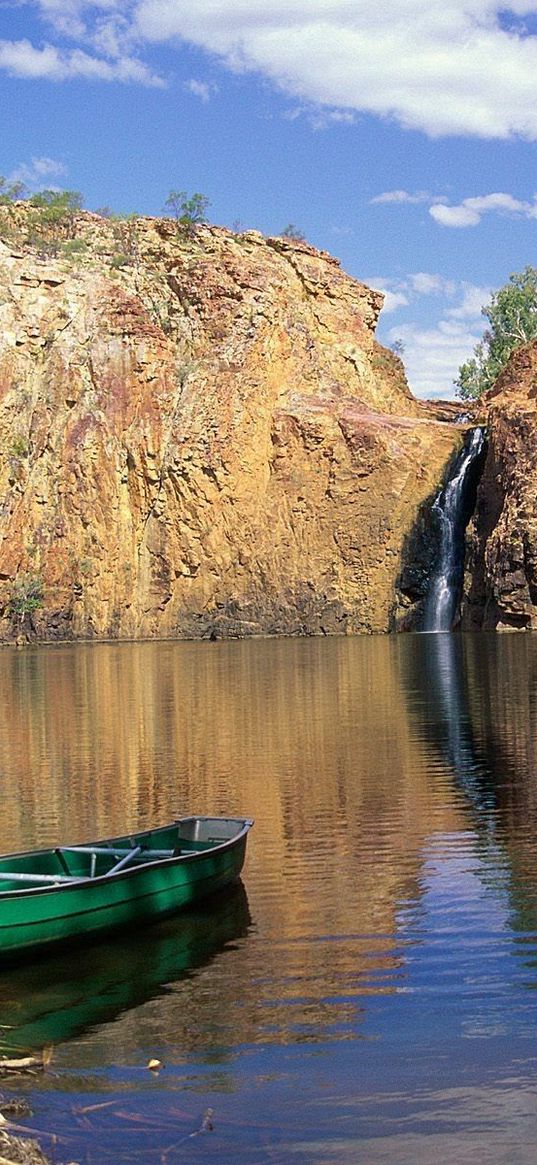 boat, falls, rocks, coast, lake, australia