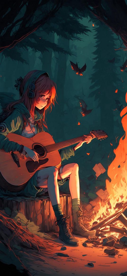 girl, anime, art, headphones, guitar, bonfire, forest, nature