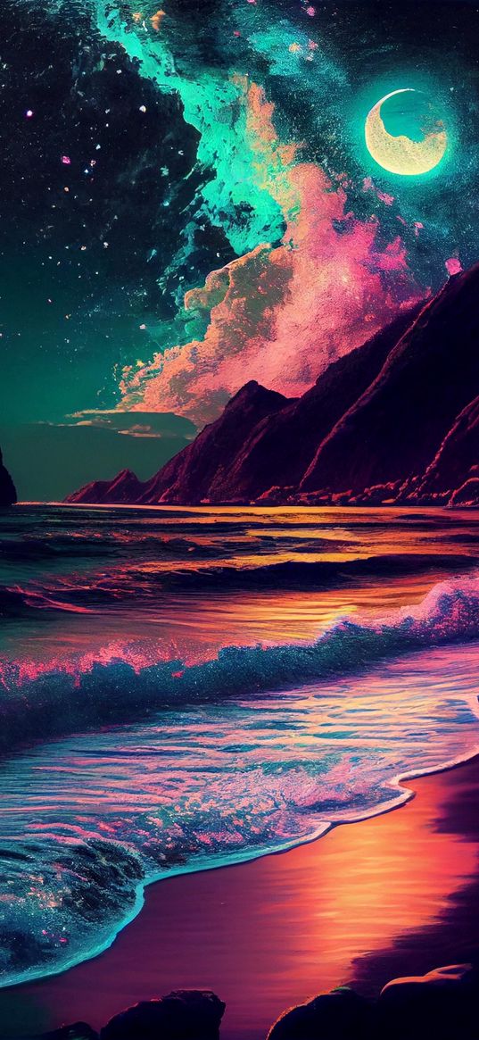 beach, waves, sea, mountains, moon, bright, art