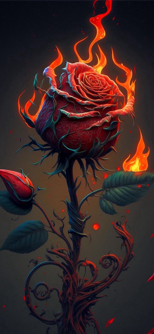 rose, flower, red, fire, flame, art