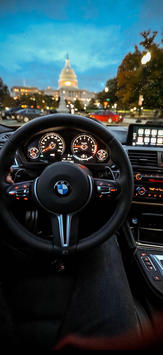 bmw, car, interior, steering wheel, hands, city