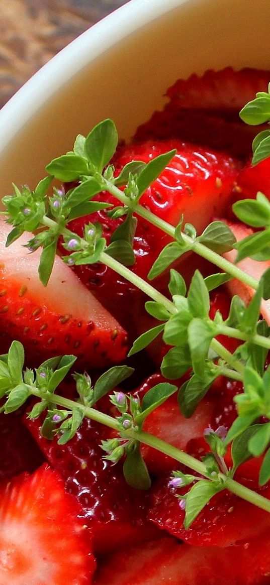 strawberries, herb, bowl, berry