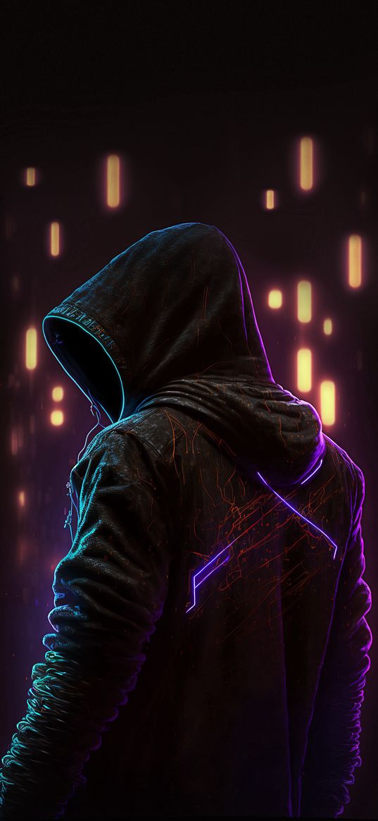 cyberpunk, neon, black, man, hood