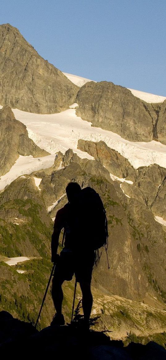 silhouette, climber, person, mountains, snow