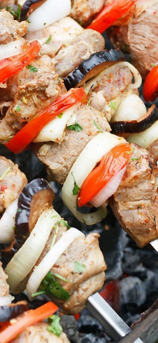 barbecue, meat, vegetables, skewers