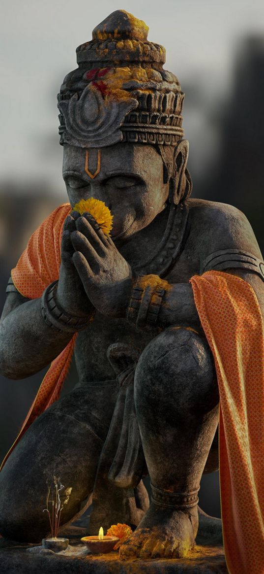 hanuman, statue, flower, candle, god, hinduism, religion, india