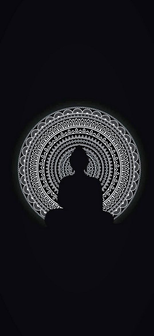 buddha, god, silhouette, mandala, hinduism, religion, black and white, art