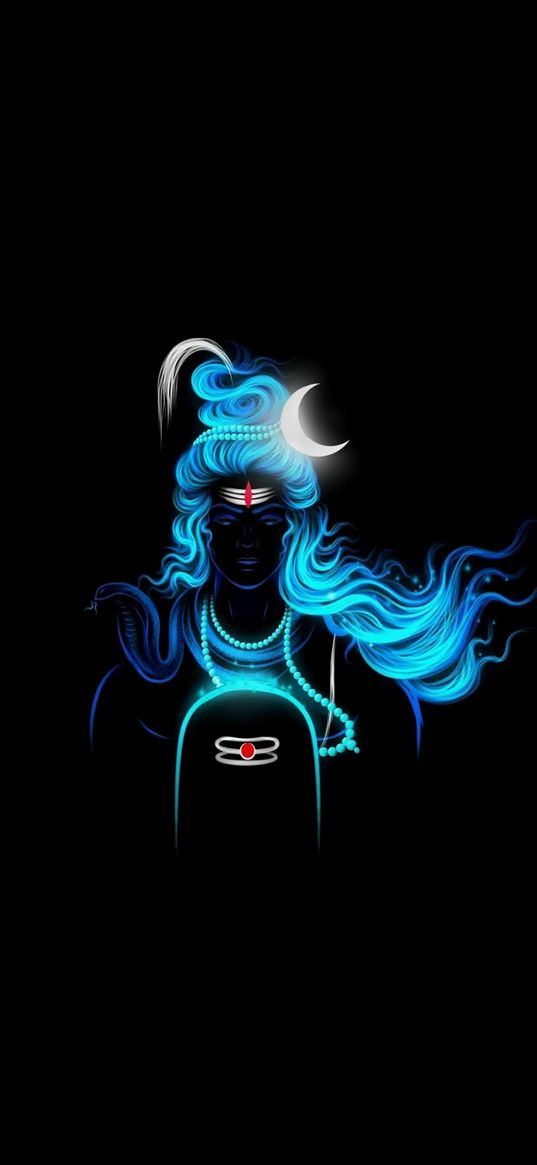 mahadev, god, moon, hinduism, religion, blue, black background, art