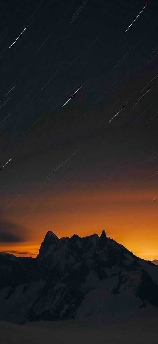 mountains, snow, sunset, comets, starfall, stars, sky, landscape, nature