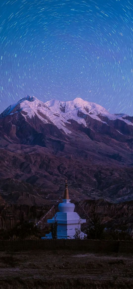 monument, hills, mountains, snow, starry sky, stars, night, landscape, nature